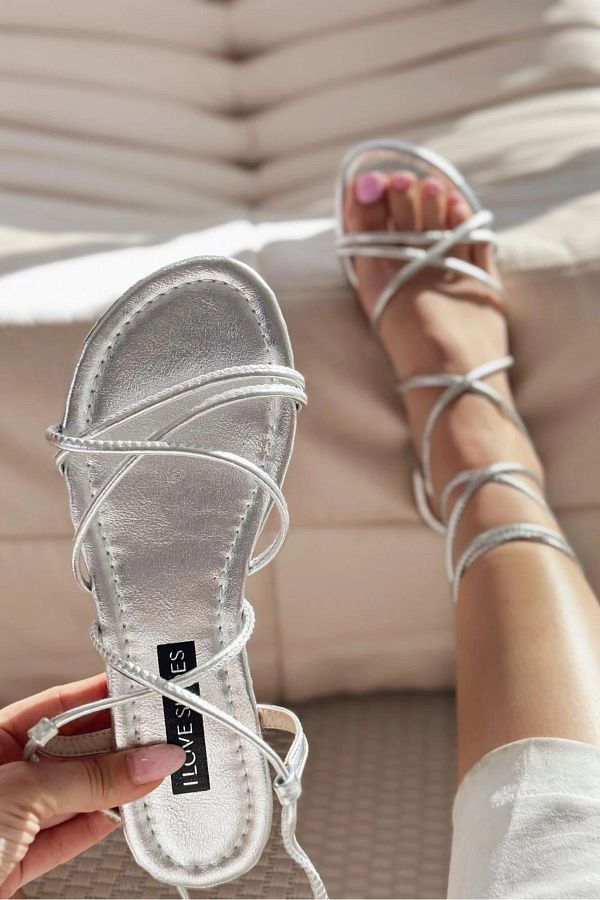 I Love Shoes Devinsa Shiny Leather Women s Sandals Silver Ankle Strap Trendyol