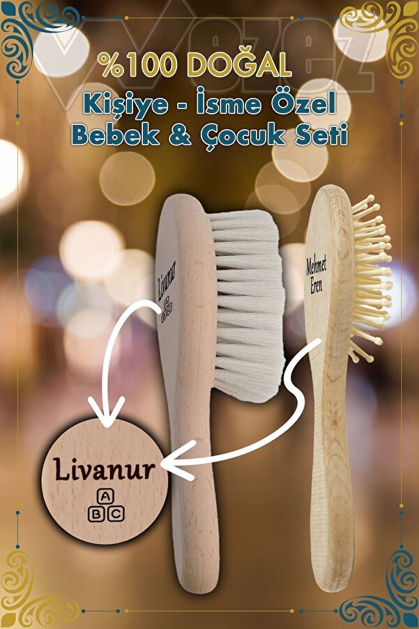 Wezez İsimli & Emojili Doğal Keçi Kılı Bebek Saç Fırçası Ve Bambu Dişli Tarak (SAKLAMA KESESİ HEDİYELİ)