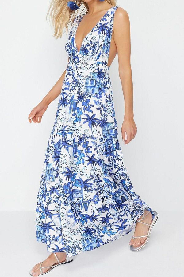 FRM V Neck Long Sleeve Basic Maxi Dress For Beach and Daily Use Trendyol