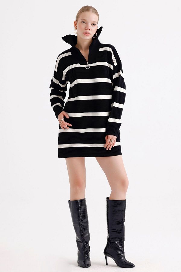 MD trend-Patterned Oversize Striped Knitwear Tunic - Zippered Collar Women's Dress 1