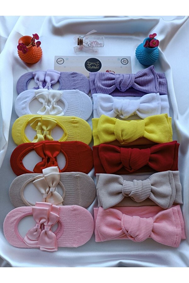 MyHubi 12'li Kombin (KUTULU) El Yapımı Kız Bebek Bandana & Özel Aksesuarlı Babet Çorap