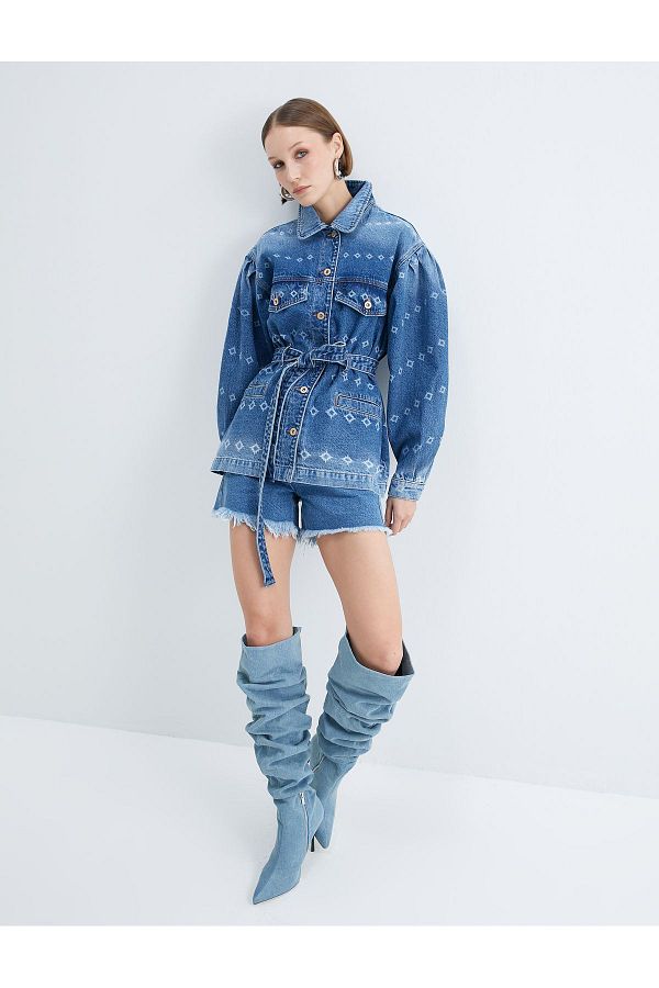 Long denim jacket with belt outlet