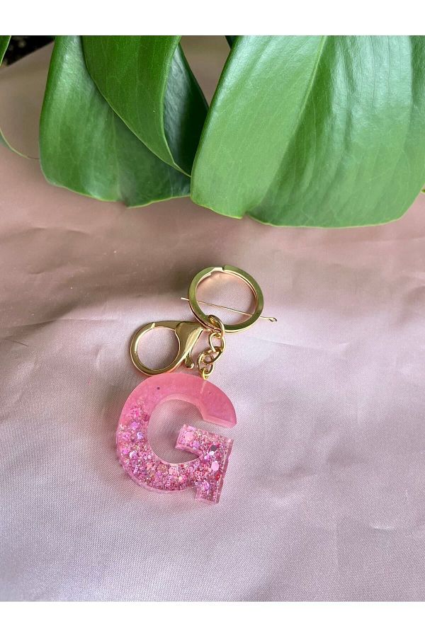 whiteandgolddesign Epoxy Letter G Letter Keychain Pink Purple Glitter Trendyol
