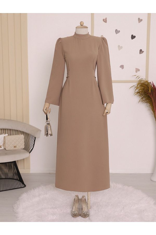Modamorfo-Sukienka Mink Color Judge Collar z wiązaniem w talii 1