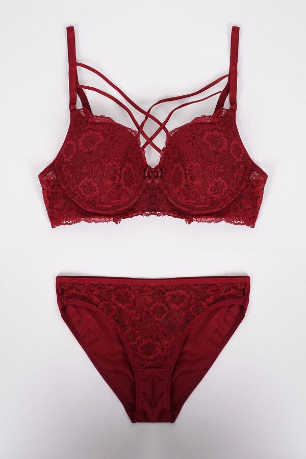 EMINNA-Set de lenjerie intima din dantelă dublă încrucișată Burgundy 1