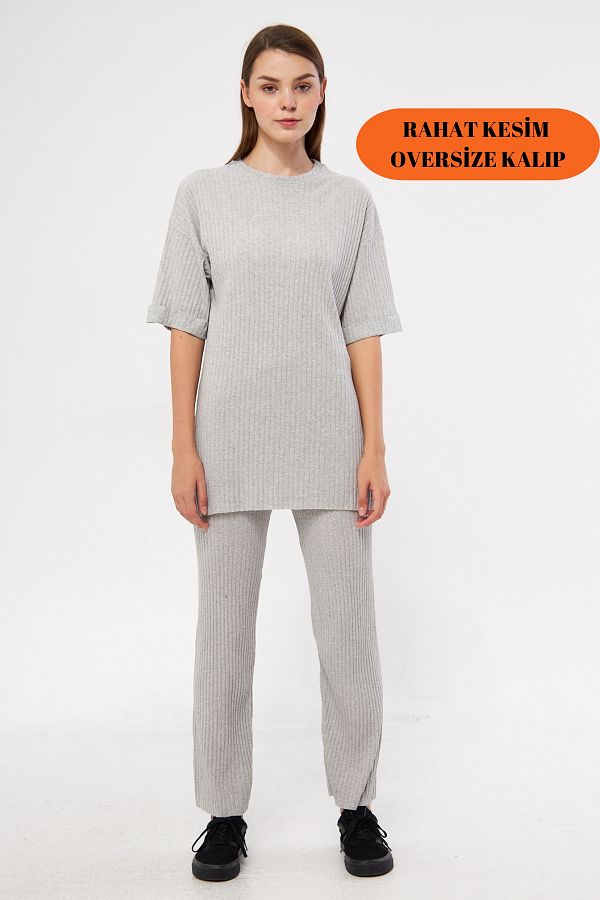 Oyga-Set de trening și pijama cu mânecă scurtă din Lycra cu nervuri gri pentru femei - Îmbrăcăminte casual pentru acasă 1