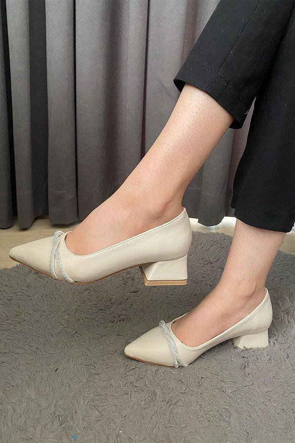 Preshley Women s Valeri Cream Stiletto Cross Stone DeTailed Low Heel Evening Dress Shoes Trendyol