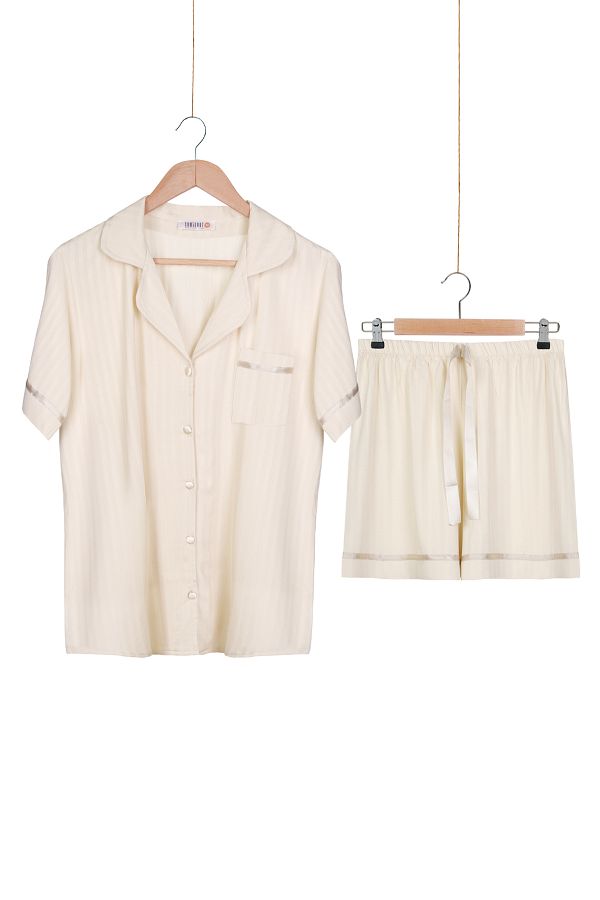 Dominant-100% Woven Poplin Viscose Shortcut Buttoned Shorts Set 1