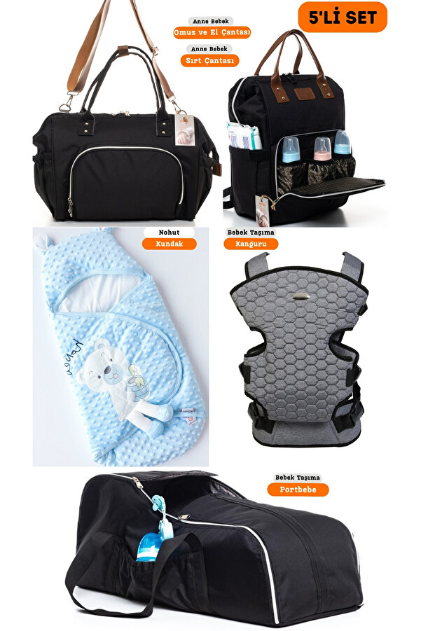 sahra bebek 5'li Bebek Doğum Seti(BEBEK BAKIM OMUZ-SIRT ÇANTASI,KUNDAK,KANGURU VE PORTBEBE)