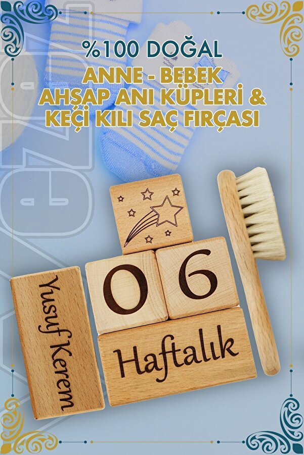 Wezez İsme Özel Anne Bebek 5'li Anı Küpü ve Doğal Keçi Kılı Saç Fırçası Seti - Dekoratif Hatıra Seti