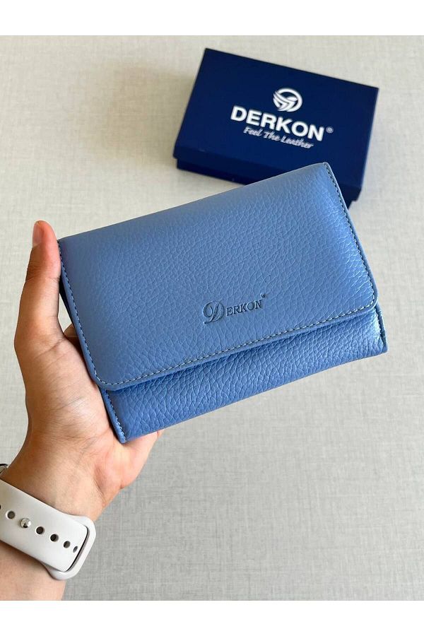 Derkon Medium Size Light Blue Genuine Leather Women s Wallet Violeta Model Trendyol