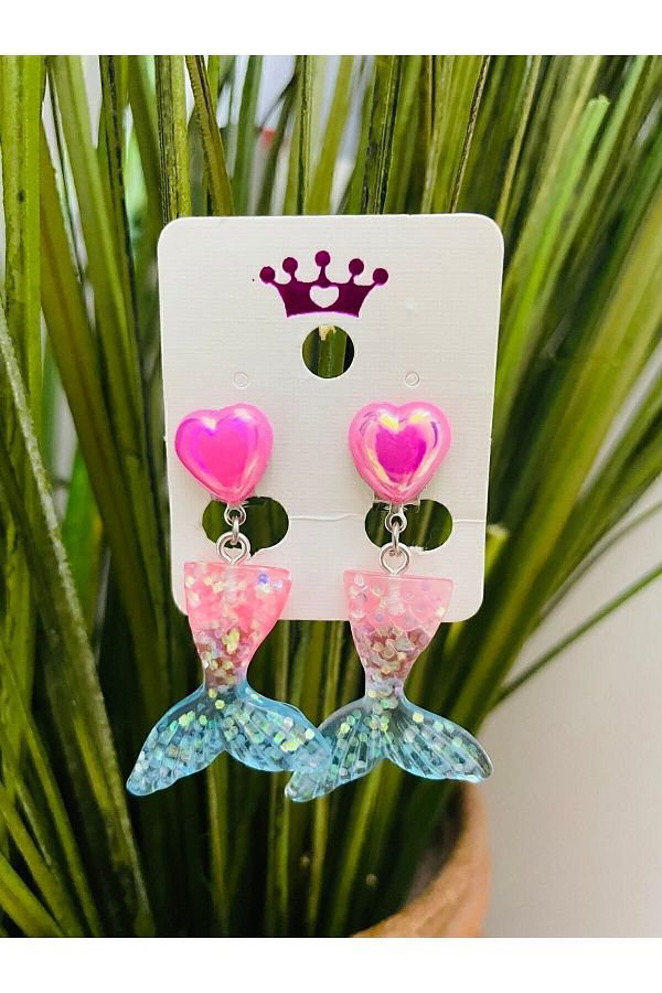 1PARÇAMAVİ-Blue Pink Heart Mermaid Tail Mermarid Clip Children's Earrings - Non-Perforated Ear Earrings 1