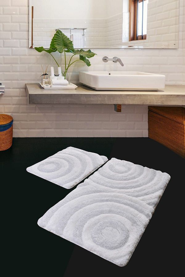 Chilai Home-Set de 2 Wave White - Covor de baie lavabil și bază anti-alunecare din acril 1