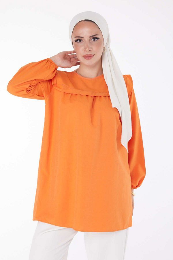 TOFİSA-Orange Ruffle Detailed Plain Crew Neck Women's Tunic - 13142 1