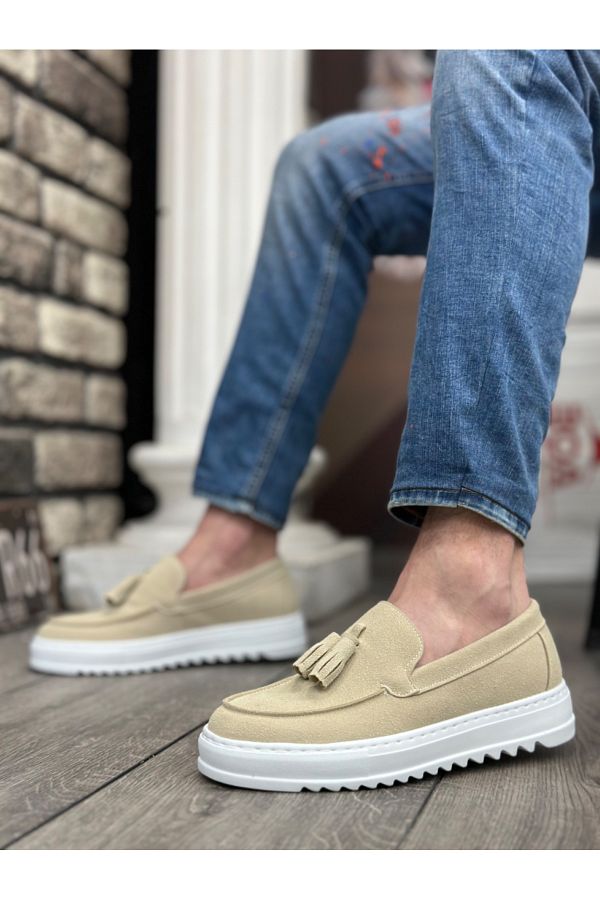 BOA BA0154 Linen Men s Shoes High Sole Laceless Cream Color Tassel