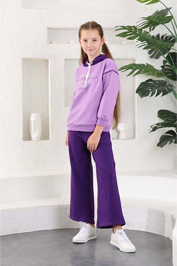 Mnk Baby&Kids Beauty Slaş Kız Çocuk İkiiplik Kapşonlu Eşofman MNK0395 LİLA