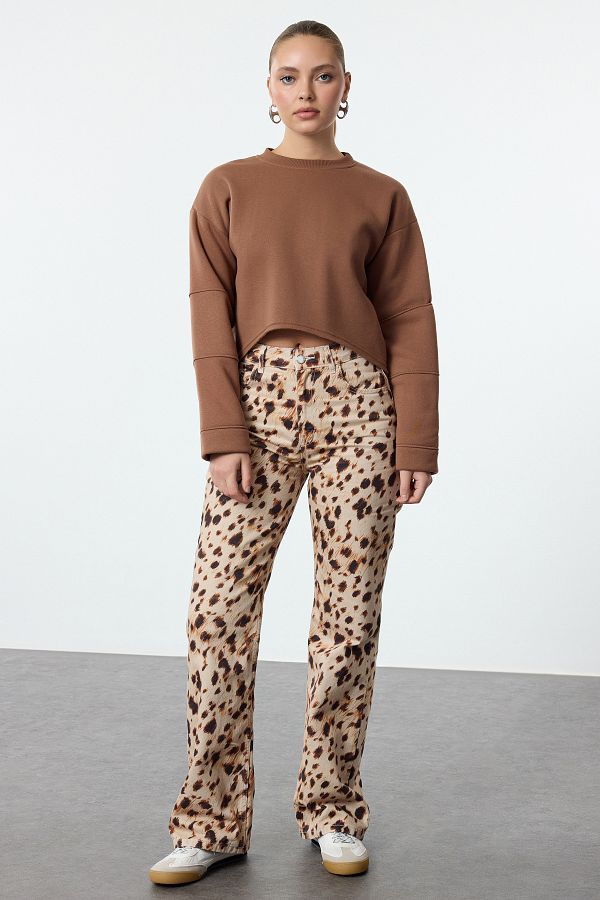 Trendyol Collection-High Waist and Leopard Print Brown Wide Leg Jeans - Twoaw25Je00257 1