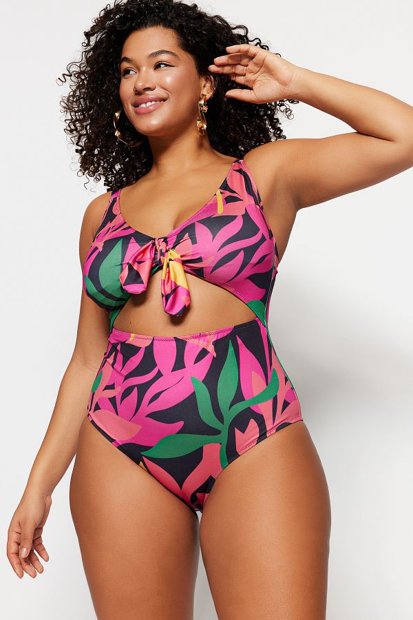 Trendyol Curve-Plus-Size-Badeanzug mit mehrfarbigem Blumendruck und V-Ausschnitt – Bindedetail TBBSS23AM00008 1