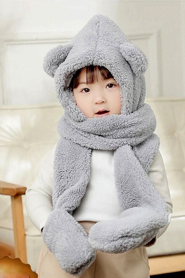 Bundeba-Gray Children's Hooded Plush Beanie Scarf Gloves Welsoft Neck Collar Windproof Hat with Ears 1