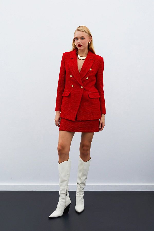 Sateen-Red Tweed Jacket - Button Detailed 1