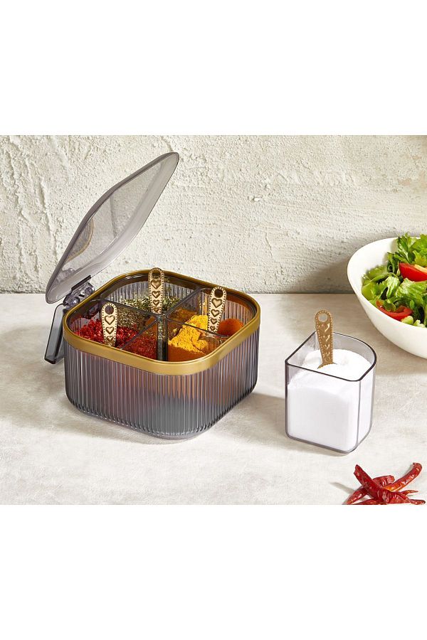 Rembox 4 Compartment Portable Spice Rack with Spoon Decorative Countertop Table Top Crystal Spice Rack with Handle Trendyol