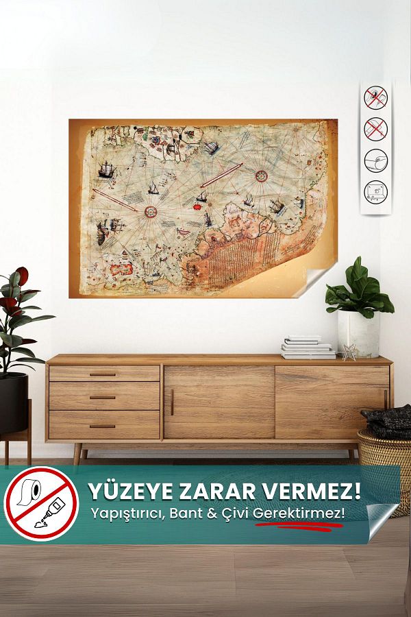 Pi Papers-Piri Reis World Map - Non-Adhesive, Static Smart Paper Map, Does Not Leave Marks, Does Not Hurt 1