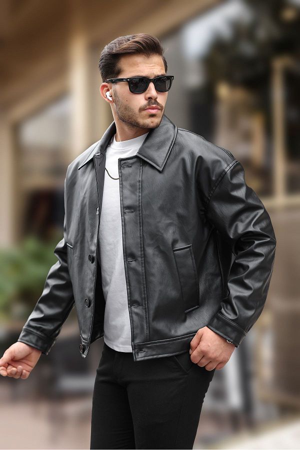 KOCCI Men s Vintage Oversize Black Leather Jacket Old Money Style Biker Trendyol