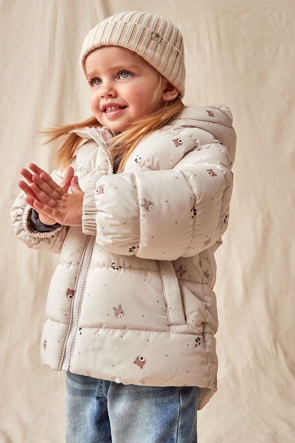 Next Baby Cream Teddy Bear Patterned Full Fleece Lined Water Resistant Coat Trendyol