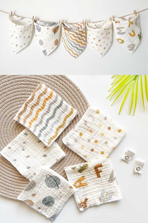 OBİMİNİ Organik Müslin Çıtçıtlı Bebek Mama Önlüğü ve Bebek Ağız Mendili ( 5 Adet )