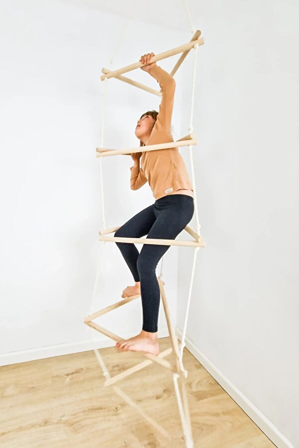 Bundeba Üçgen Tırmanma Kulesi 5 Basamak Büyük Çocuk İp Tırmanma Merdiveni Akrobasi Ahşap Montessori Oyuncak