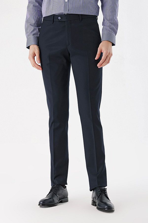 Morven-Men's Navy Blue Polyviscon Jacquard Slim Fit Classic Trousers 1