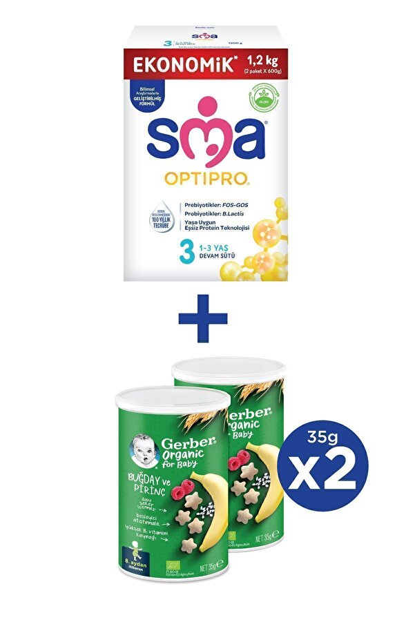 SMA OPTIPRO 3 Devam Sütü 1.2kg (2x600g) + GERBER ORGANIC Buğday, Pirinç, Muz ve Ahududulu Atıştırmal