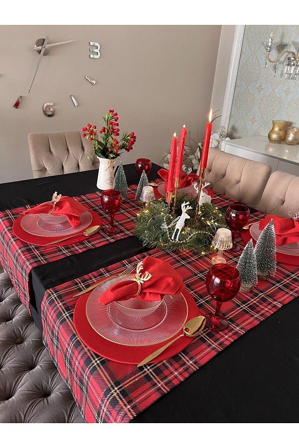 Ayd Home-عداء منقوش باللون الأحمر والأسود - مستطيل لعرض أدوات مائدة عيد الميلاد للعام الجديد، مقاس 43 × 140 سم، قطعة واحدة 1