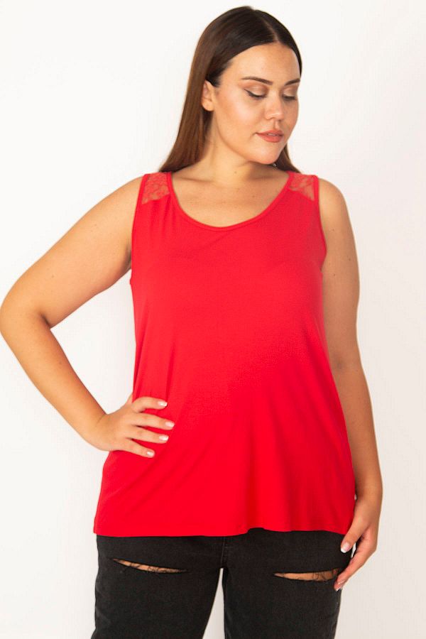 Şans-Women's Large Size Red Shoulder And Back Robe Lace Blouse 65n27399 1