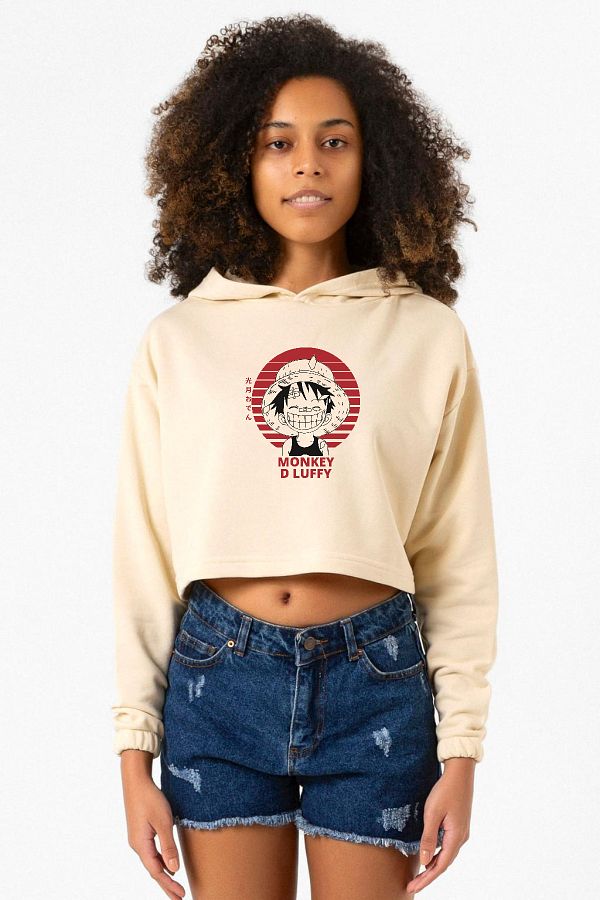 Tshirthane One Piece Anime Monkey D Luffy Beige Women s Crop Hoodie Trendyol