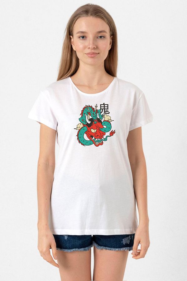 Tshirthane-Dragon Samurai Anime White Women's Bicycle Collar T-shirt 1