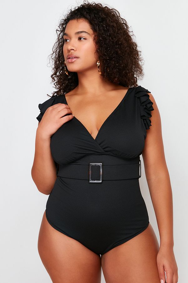 Trendyol Curve-Black Deep V Belted Knitted Plus Size Swimsuit with Recovery Effect Tbbss24Am00015 1