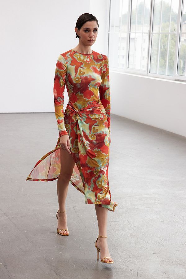 Trendyol Collection-Rochie tricotată midi elastică - Ediție limitată cu imprimeu și detaliu de legare TWOAW25EL00295 1