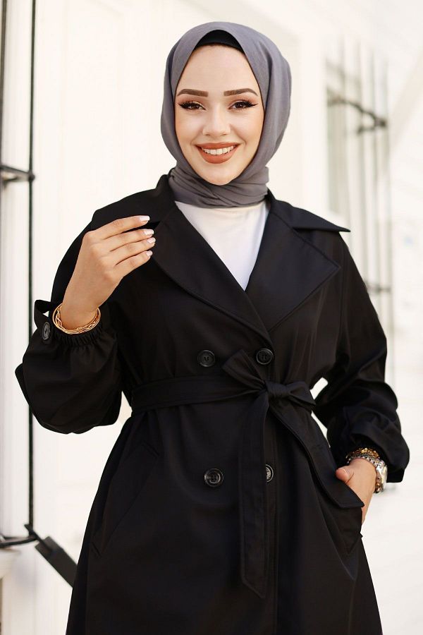 Tesettur Dunyas Black Trench Coat Tsd with Shoulder Epaulet and Belt Detail 240810 Trendyol