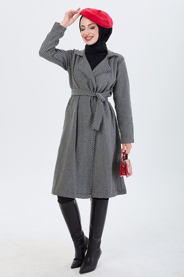 TOFİSA-Women's Gray Trench Straight Jacket Collar - 13091 1