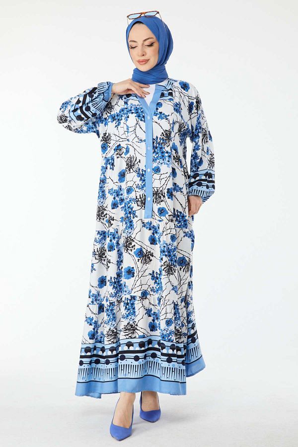 TOFİSA-Blaues gemustertes zweireihiges Damenkleid mit V-Ausschnitt - 24451 1