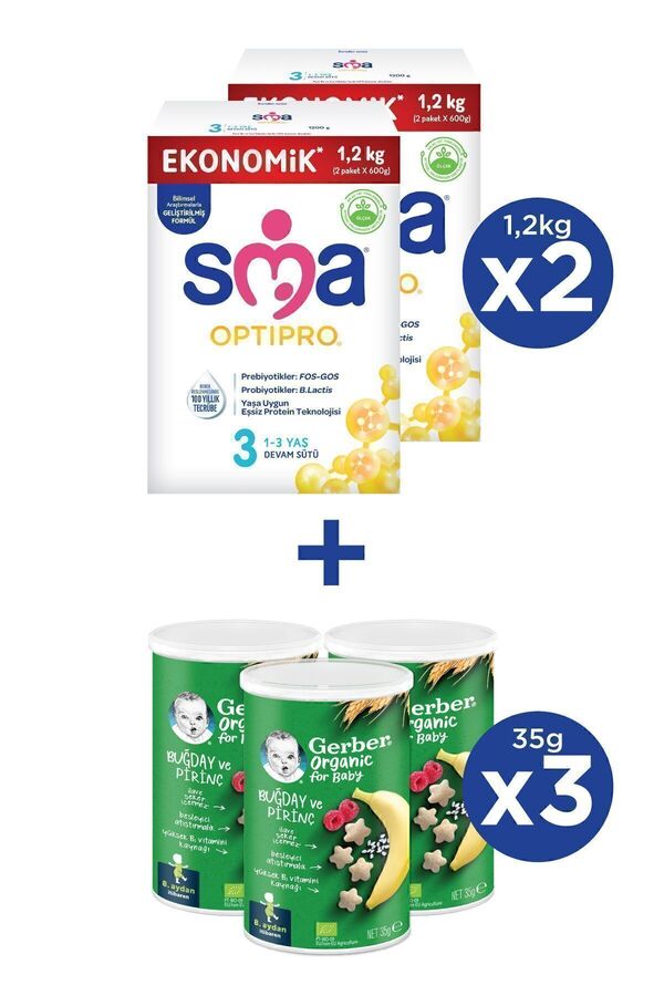 SMA OPTIPRO 3 1-3 yaş Devam Sütü 2x1200g + GERBER ORGANIC Buğday ve Pirinçli Atıştırmalık 3x35g