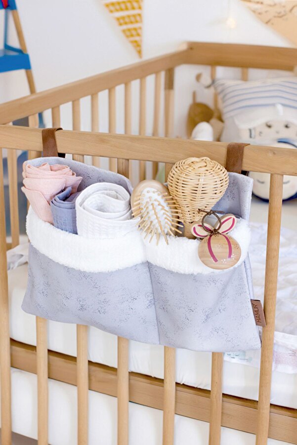 HAMUR Pratik Askılı Organizer Bebek Arabası Beşik Kenar Fluffy Organizer Solid Gri
