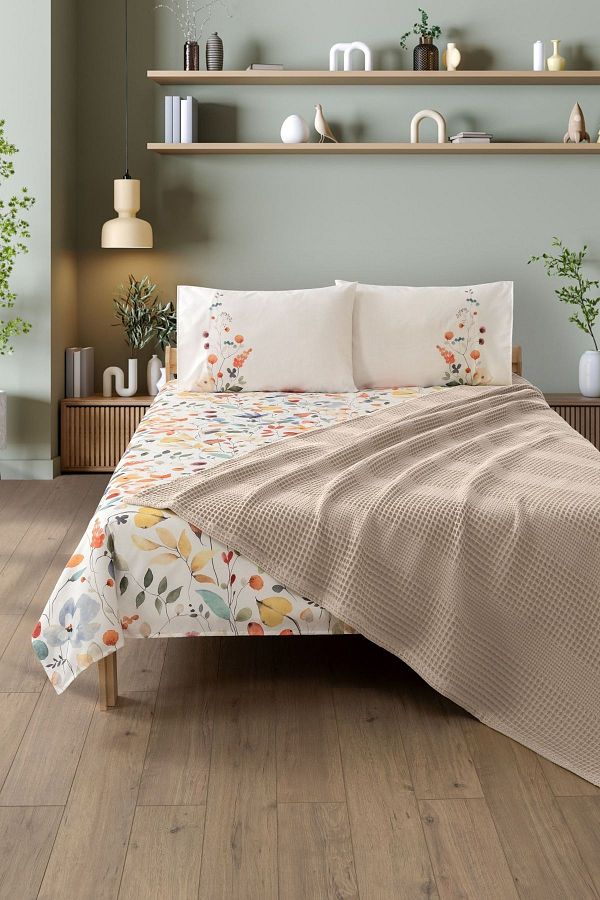 Sevim-Beige Double Pique Set - Soft and Comfortable 4 Pieces with Pool and Flower Pattern 1