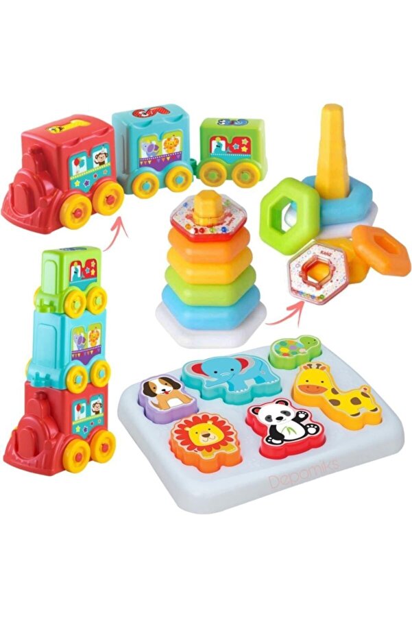 Depomiks Avm Sevimli Hayvanlar Bul Tak + Eğitici Aktivite Treni + Çıngıraklı Halkalar Eğitici Bebek Set