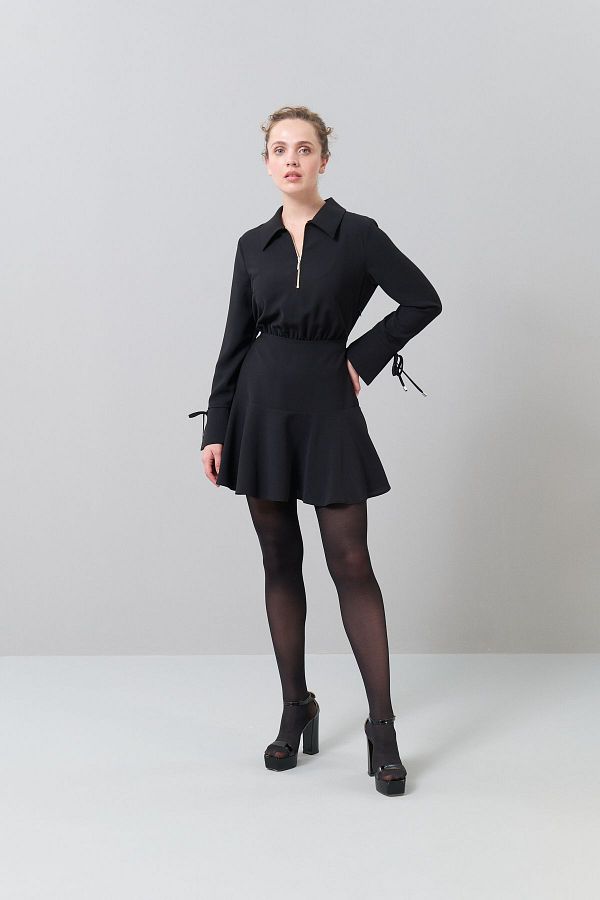 Roman Black Mini Dress Pleated K with Zipper and Tie Detail 2511013 001 Trendyol