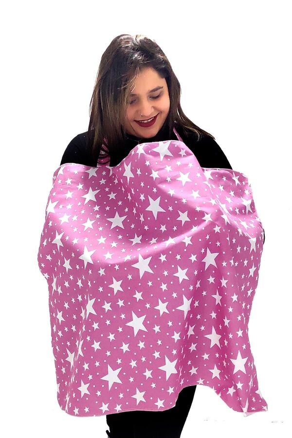 Bundeba Anne Emzirme Örtüsü Ayarlanabilir Boyun Kısmı Bebek Emzirme Önlüğü Pembe Yıldız 85x70