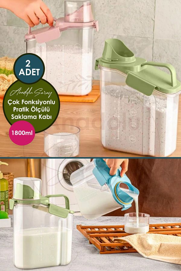 Anadolu Saray-2-Piece Detergent Holder Storage Set with 1800ml Capacity - Practical Measure Cover and Multifunctional 1