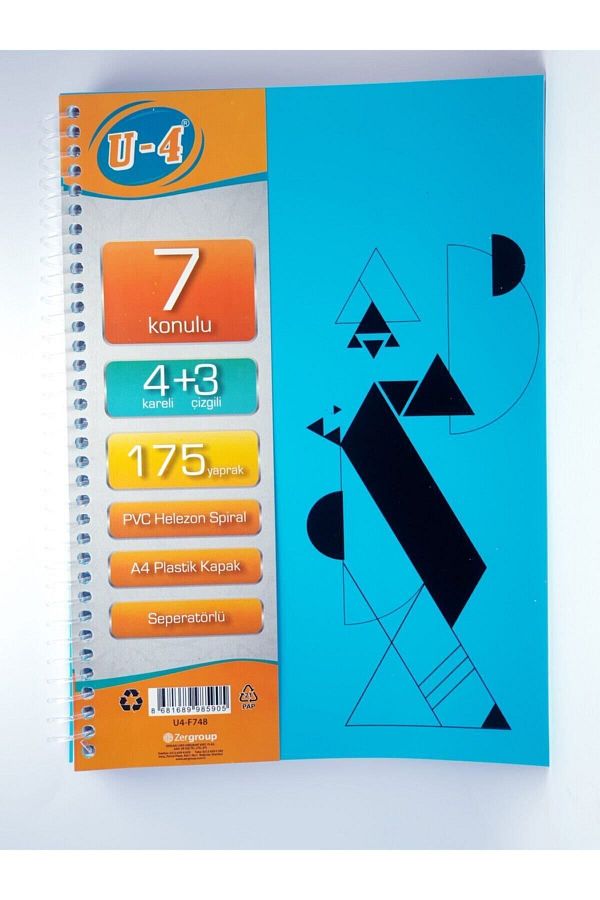 Tokaç-U4 4+3 Section 175 Sheets A4 With Sipral Bookmark Notebook Hard Cover 4 Check 3 Line Multi-Notebook 1