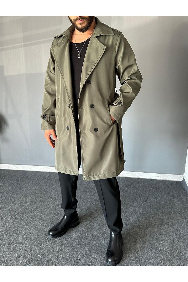 THEMANN Dark Khaki Trench Coat Belted Waist Trendyol